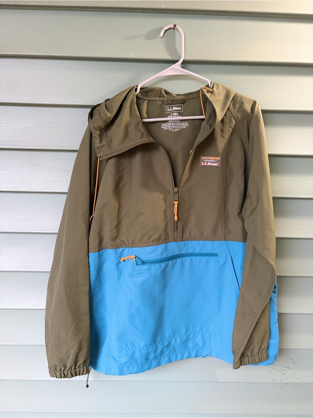 L.L. Bean Olive and Bright Blue Hooded Pullover Windbreaker